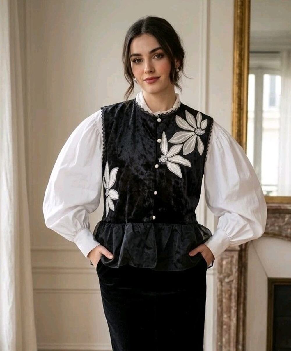 Vintage Silk Velvet Lace Vest Black Floral Sequin Bead Peplum Top Jacket L
